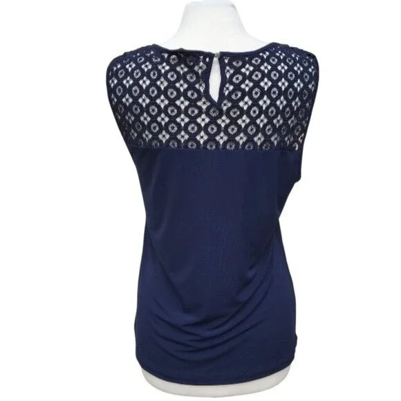 Carmen Marc Valvo Navy Blue Crochet Lace Yoke Keyhole Back Tunic Tank Blouse M - Picture 4 of 8